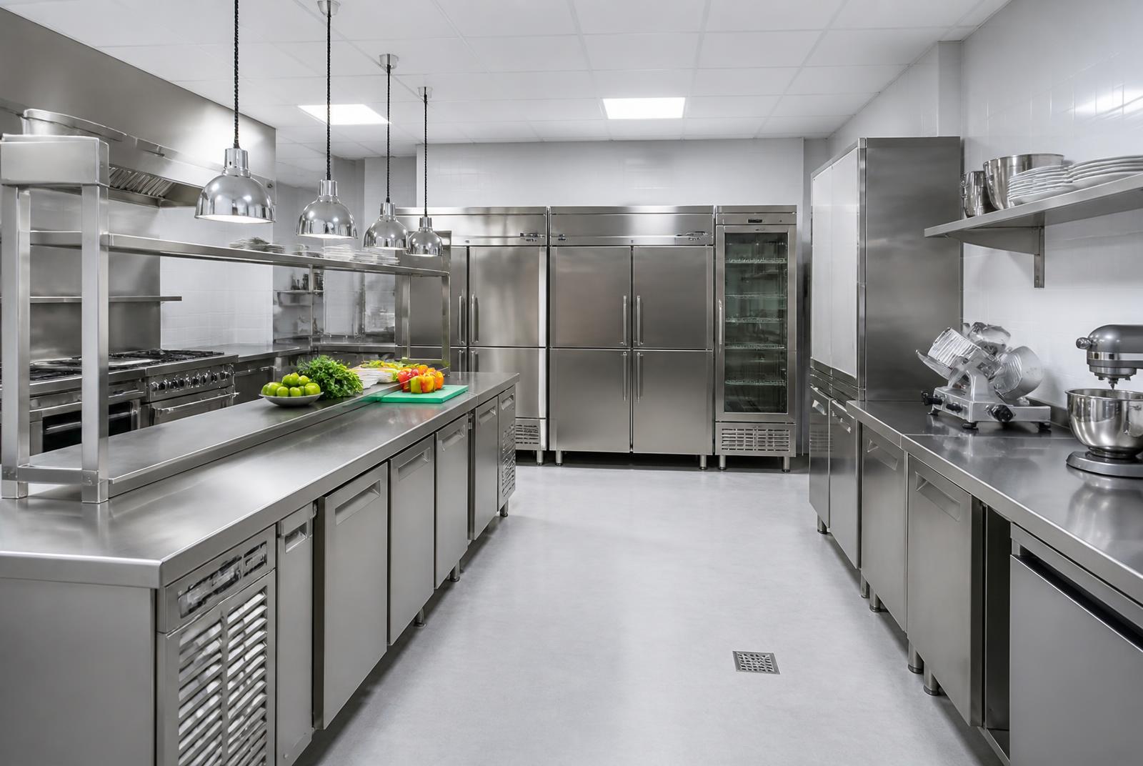Commercial kitchen with stainless prep counters and refrigeration